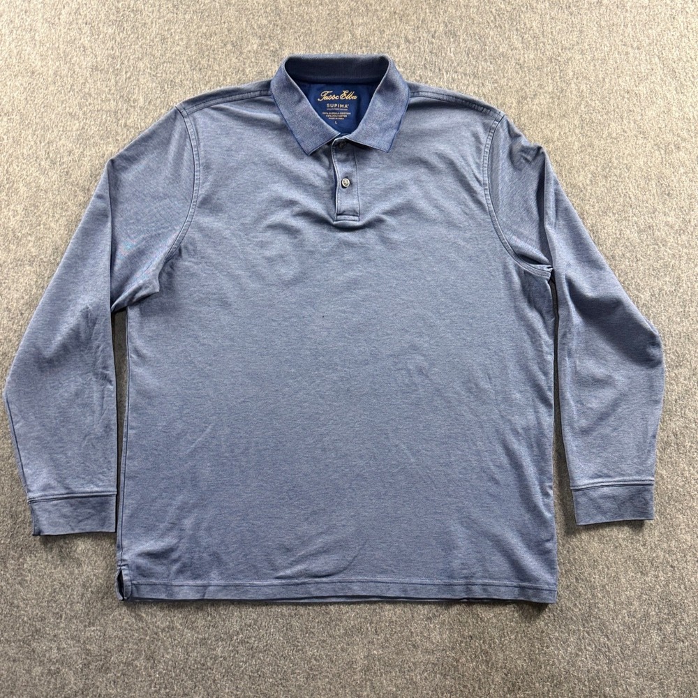 Tasso Elba Men's L Blue Supima Cotton Blend Two-Button Long Sleeve Polo Shirt